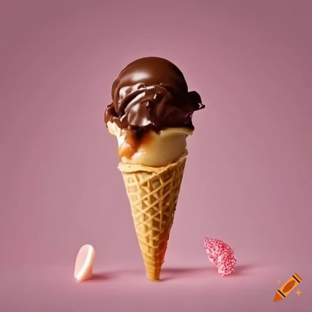 Caramel and chocolate ice cream cone with fudge toppings