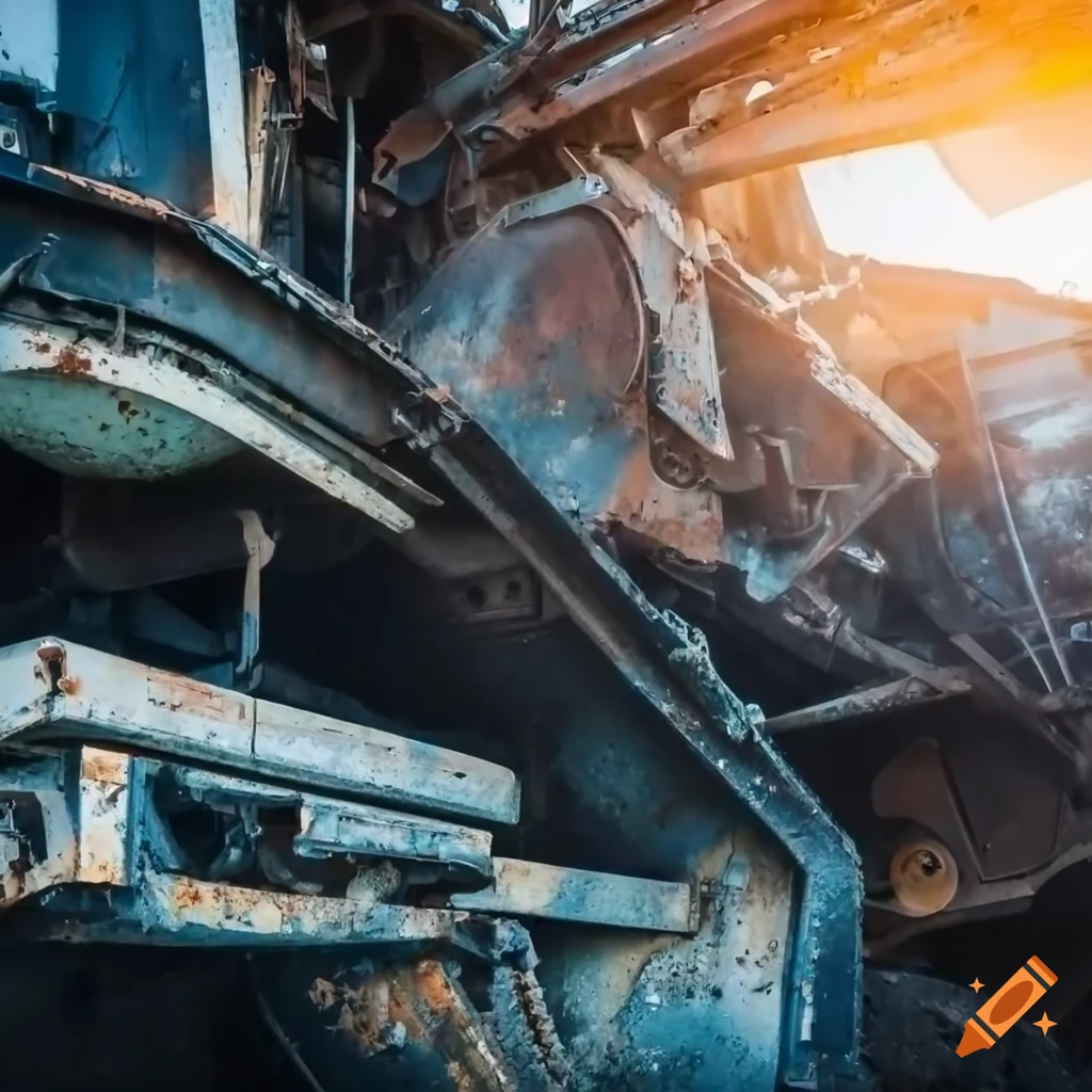 closeup of a decaying excavator in the desert at sunset