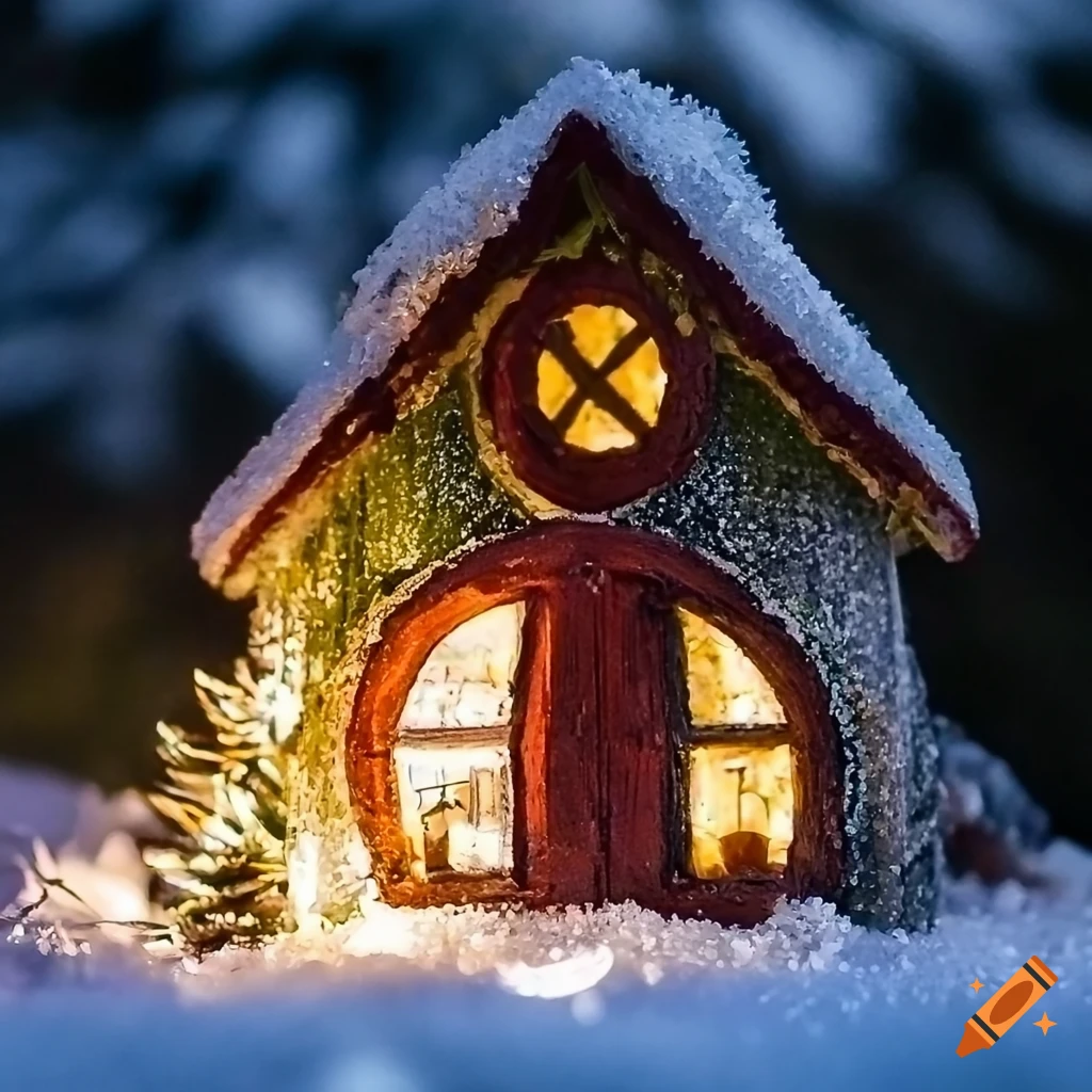 Snow-covered Christmas fairy house with lights on Craiyon