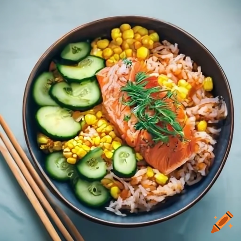 Delicious shredded salmon rice bowl with corn and cucumber on Craiyon