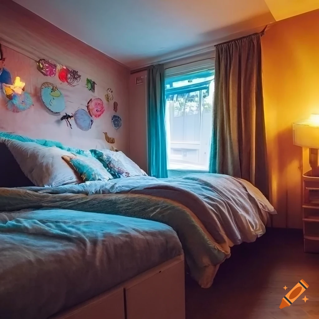 A cozy 80s themed bedroom at sunset on Craiyon