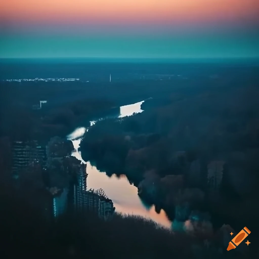 reflection of cityscape in a river surrounded by woods