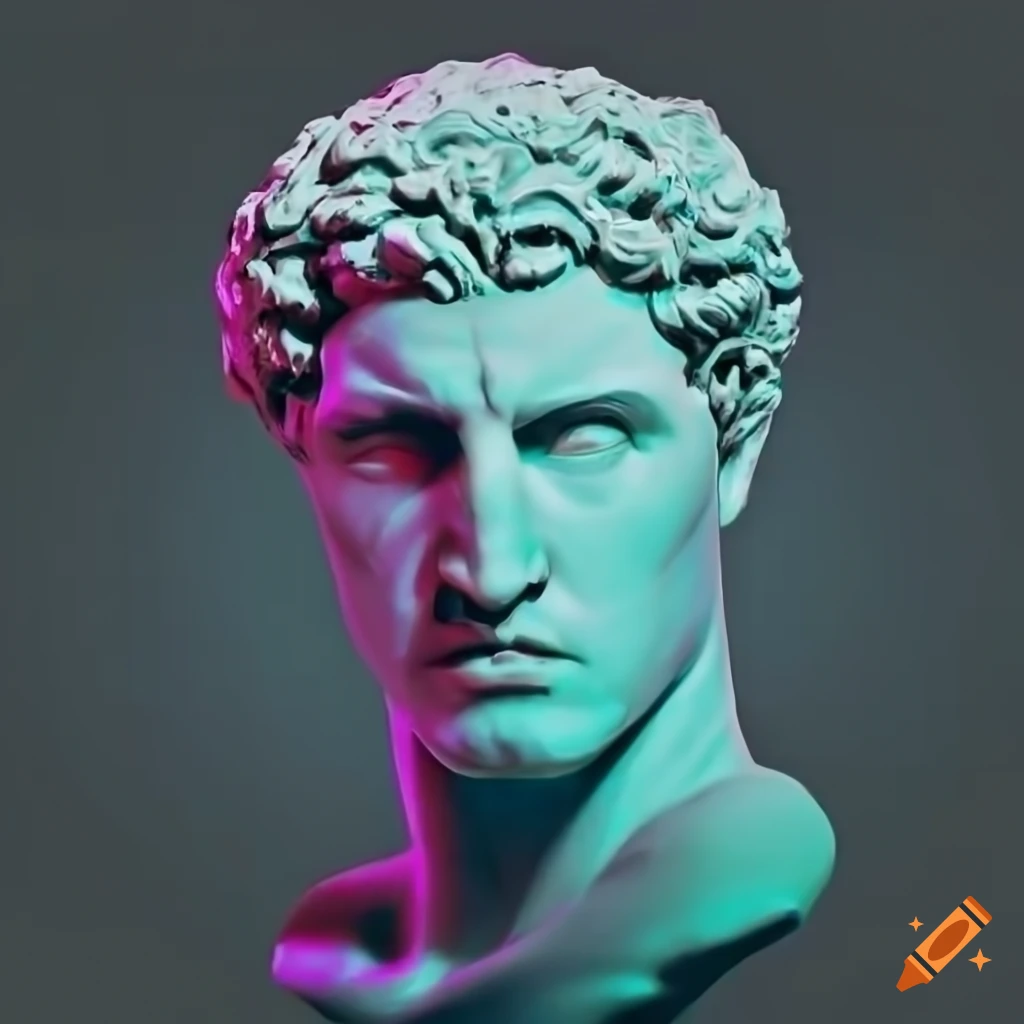 Dramatic greek statue head with a vaporwave aesthetic on Craiyon