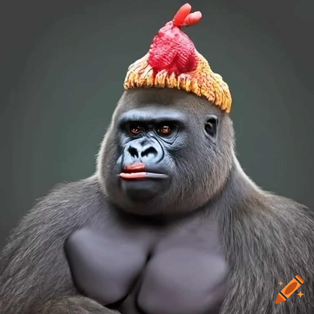 Funny image of a gorilla wearing a chicken hat