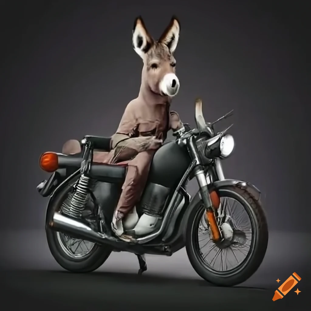 Funny image of a donkey riding a motorcycle on Craiyon