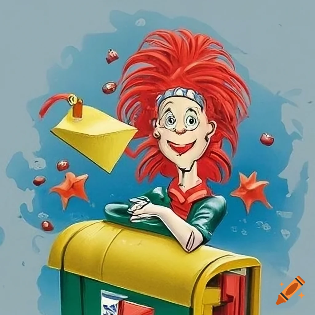 Colorful humorous book illustration of a woman waiting at the mailbox