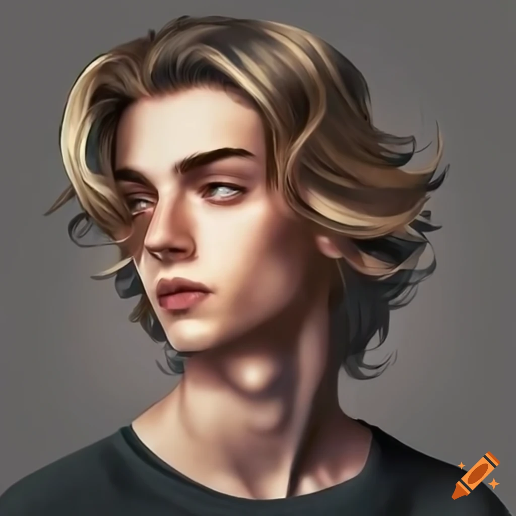 Portrait of a young man with wavy sandy blonde hair and brown eyes on ...