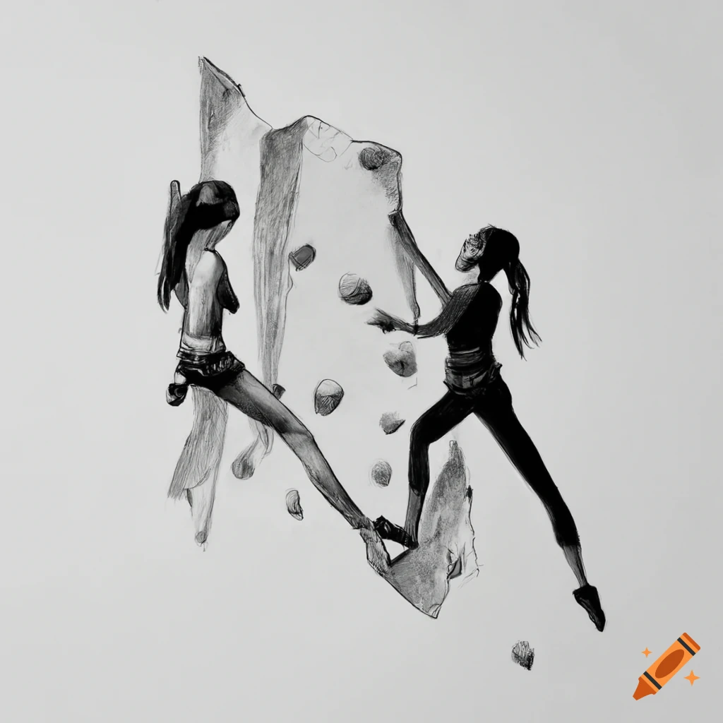 Pencil drawing of two women rock climbing in tokyo style
