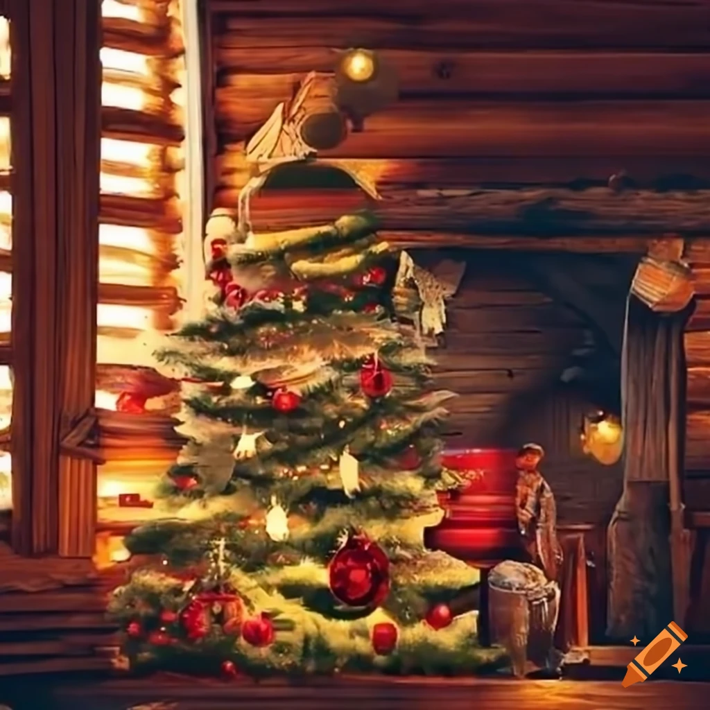 Christmas tree in a cozy log cabin