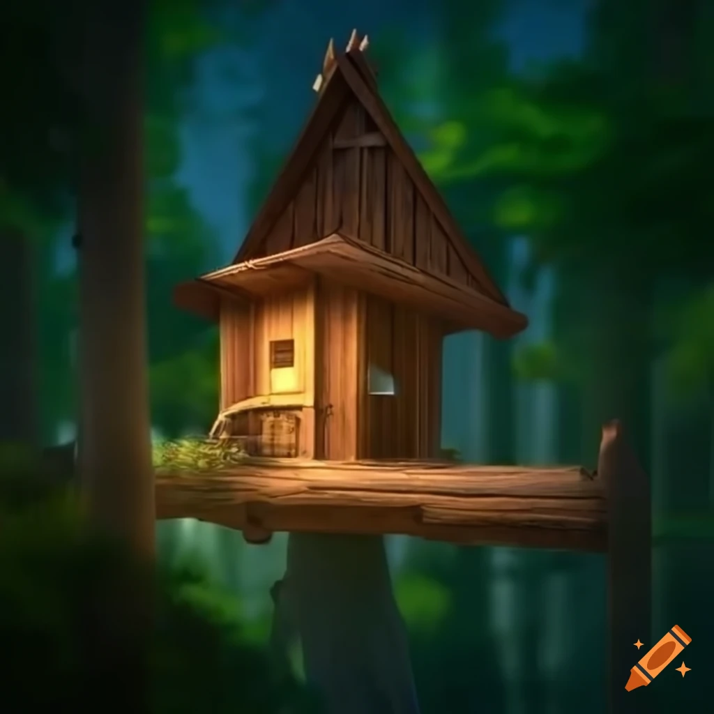 3D animation of a wooden house on a tree in a forest