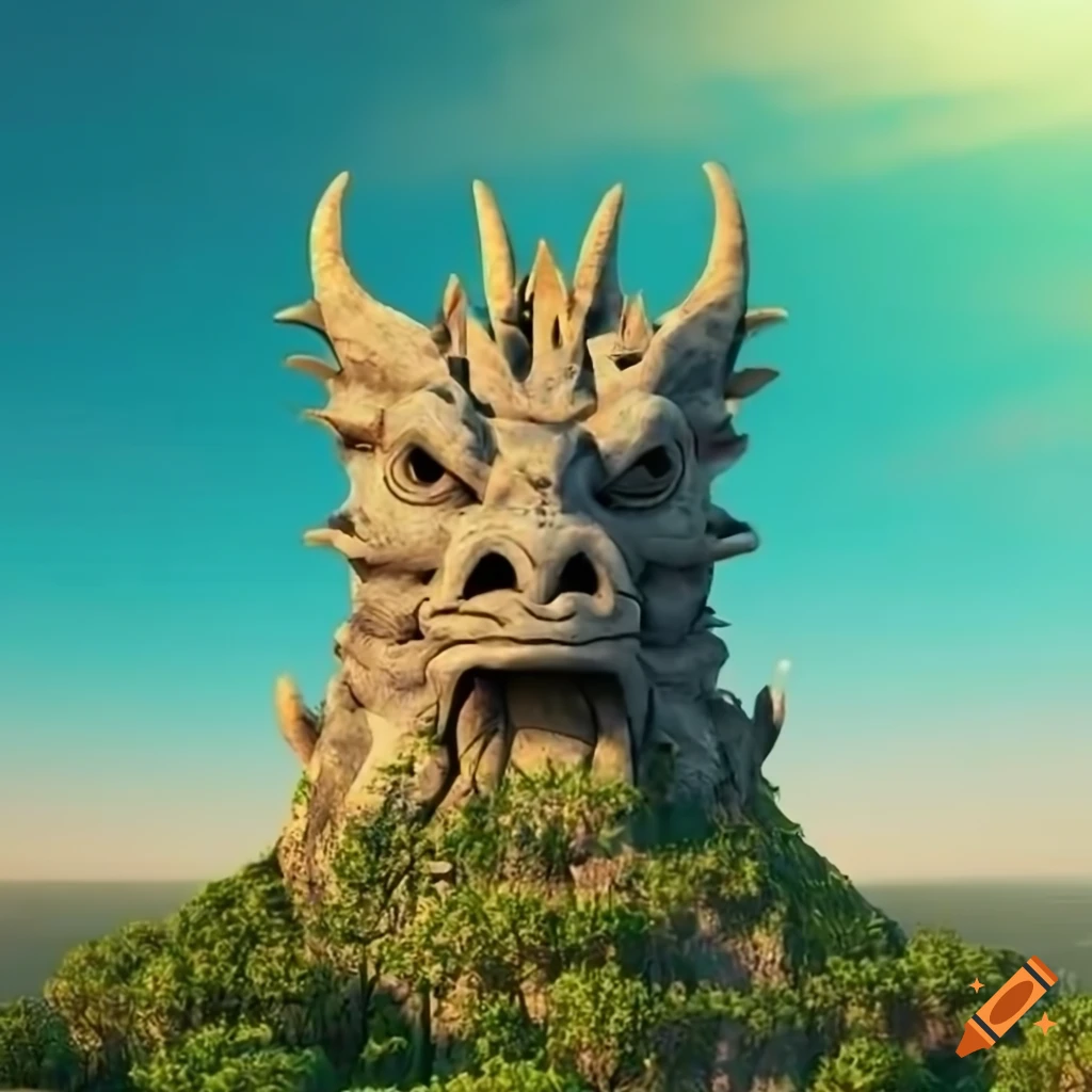3D rendering of a stone dragon head in a tropical forest