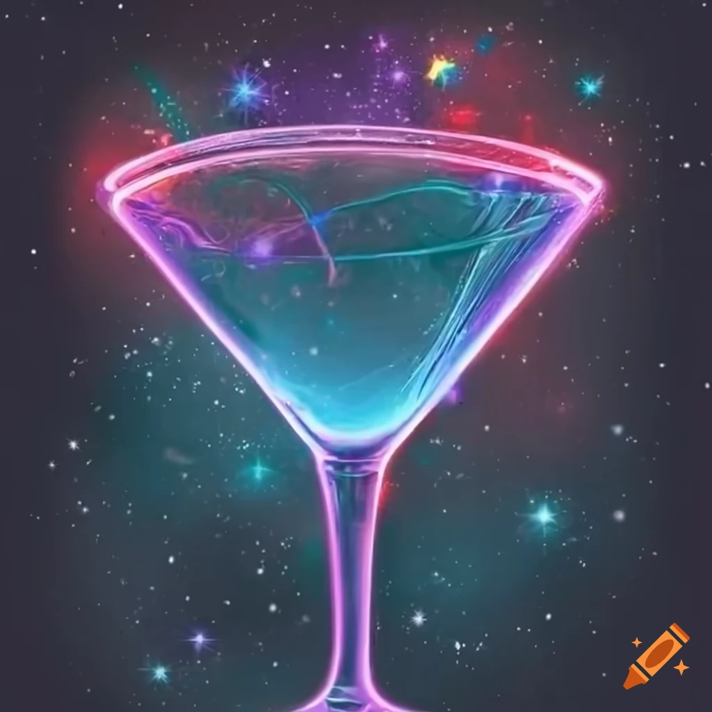 neon logo of a woman in a martini glass on a cosmic backdrop