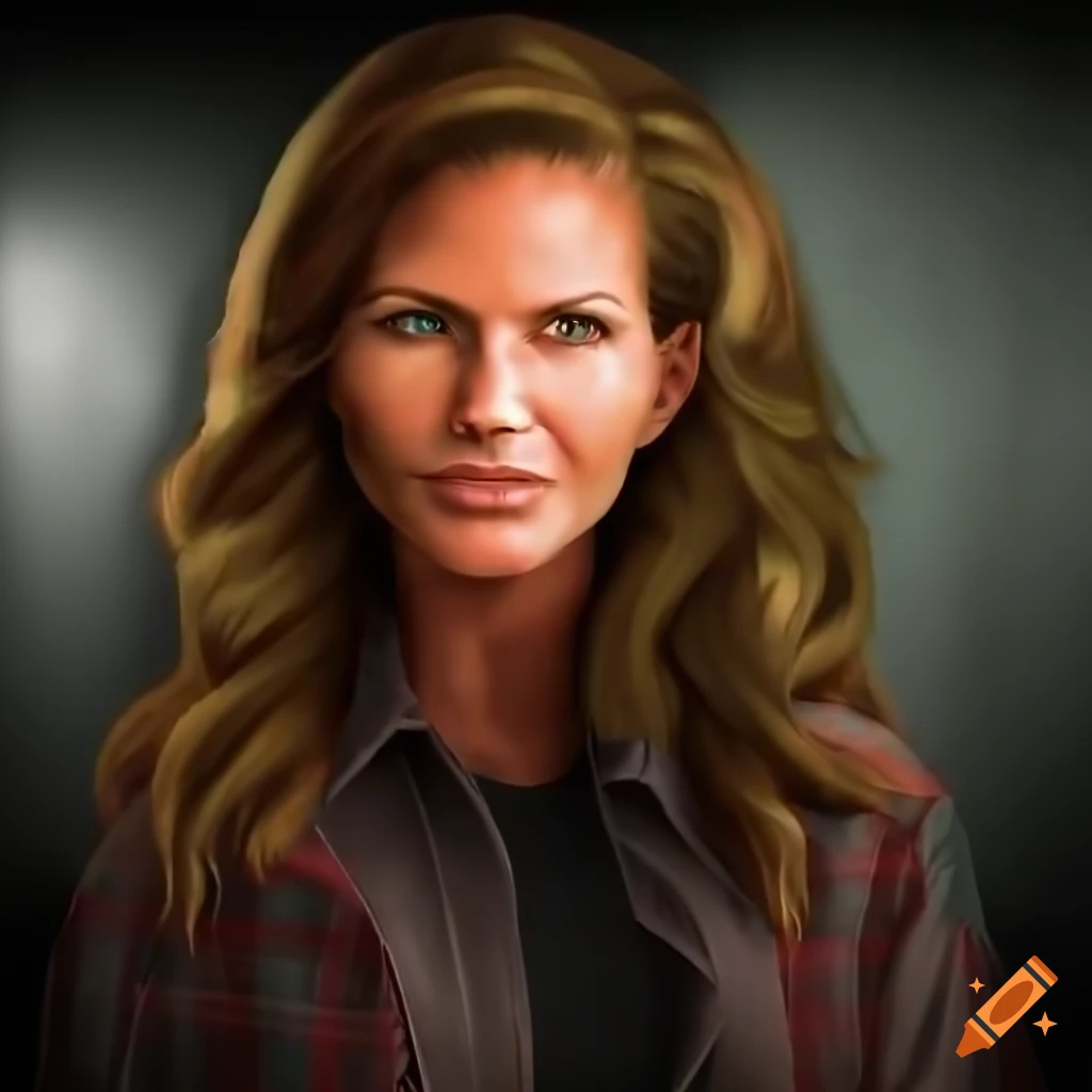 photorealistic depiction of a young actress in plaid shirt and black leather trousers