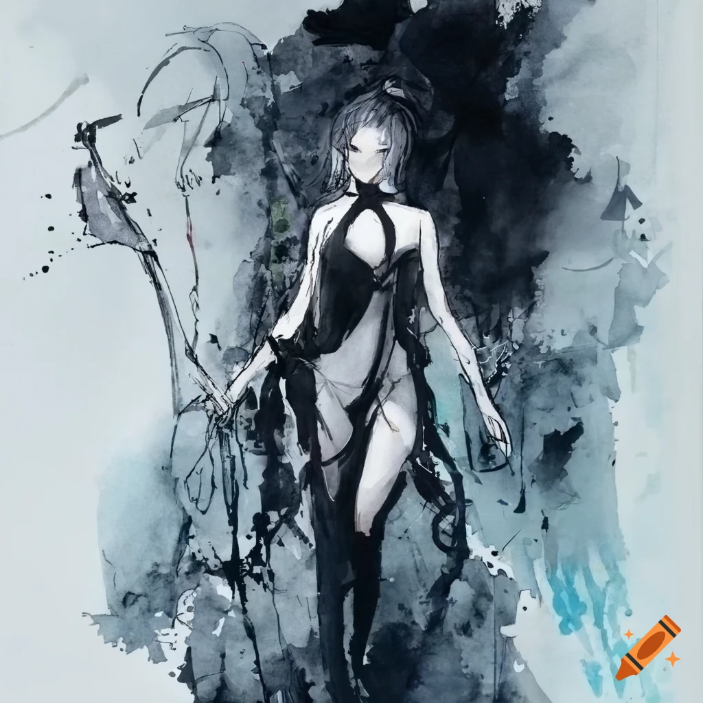 watercolor artwork of a female character with staff and orbs