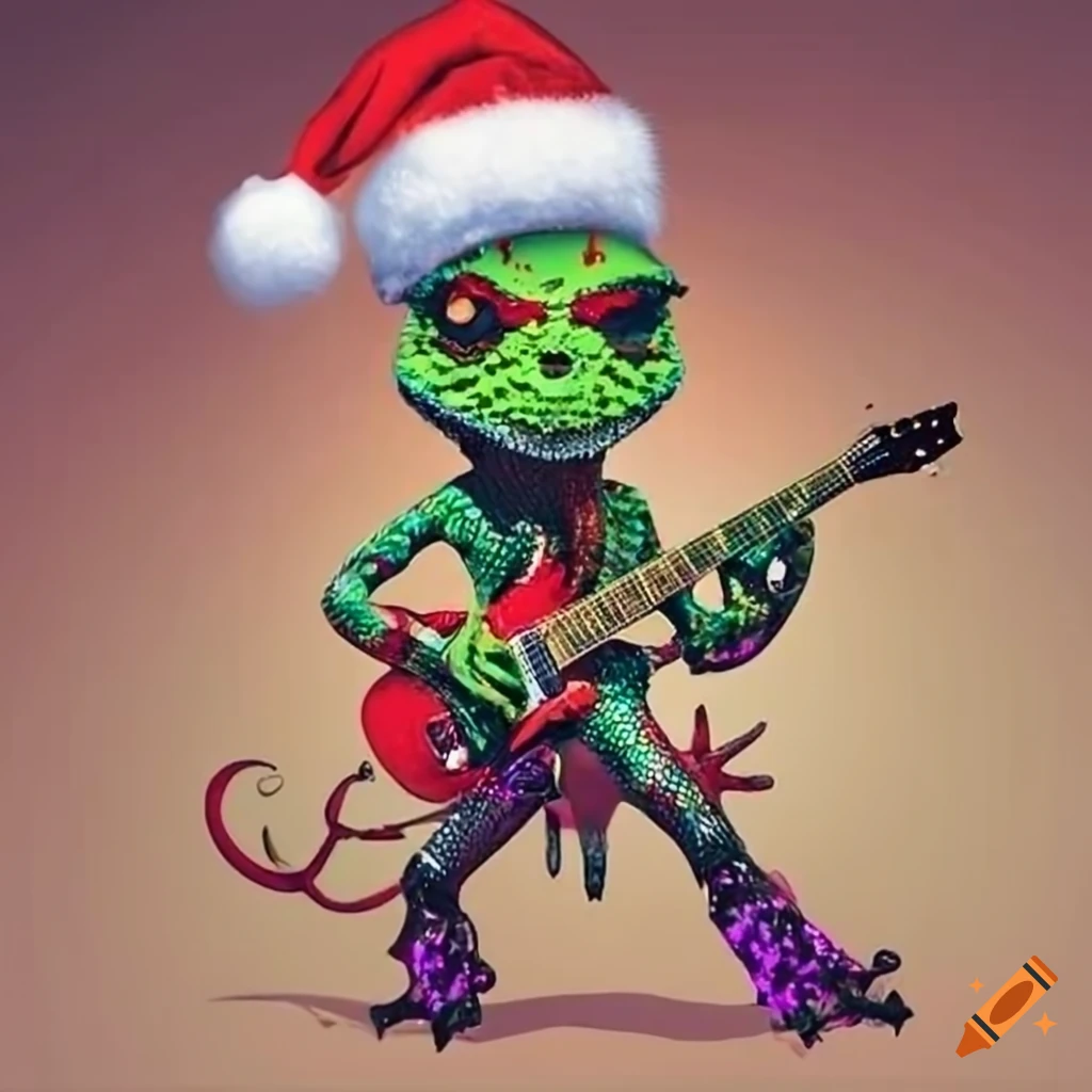 glam rock lizard playing guitar with santa hat