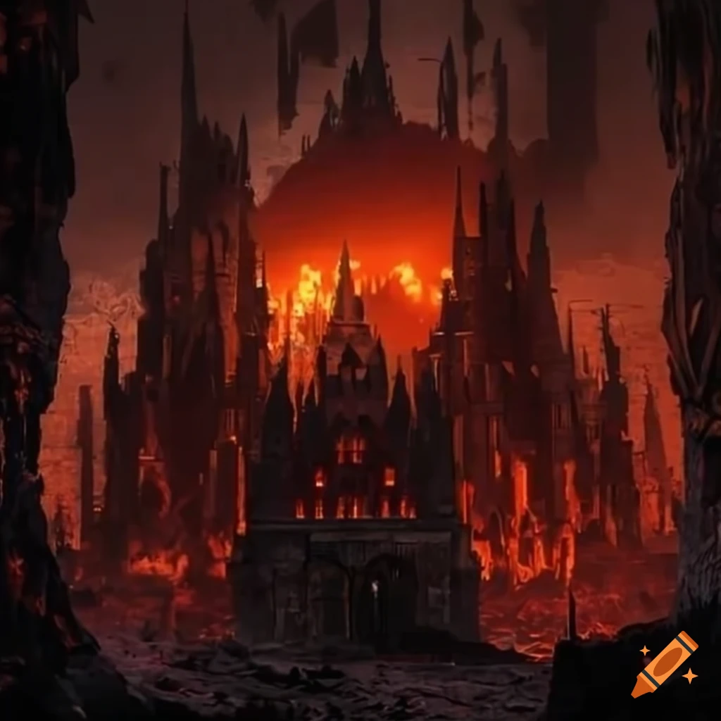 image of a gothic castle in a lava-filled underground