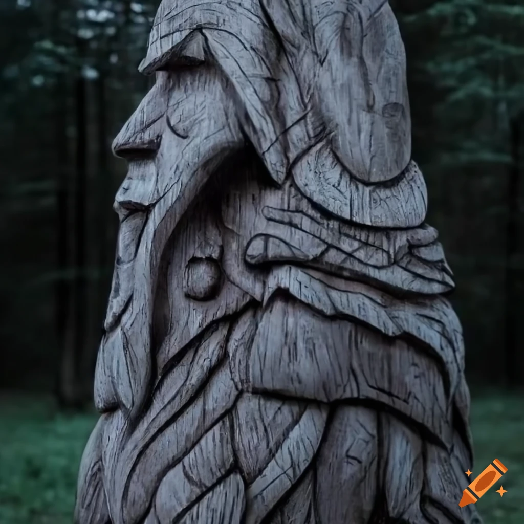 Wooden statue of norse god odin in the twilight on Craiyon