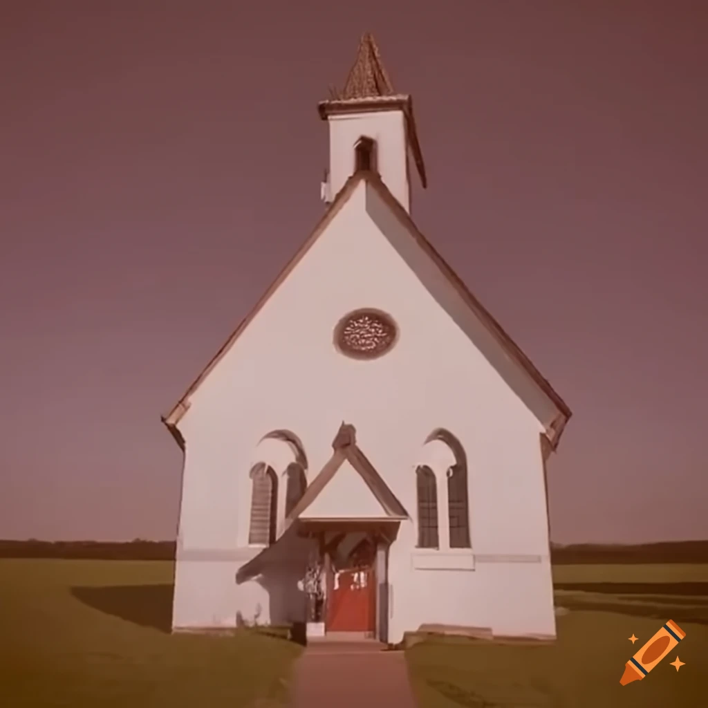 vhs-style image of a church in a field