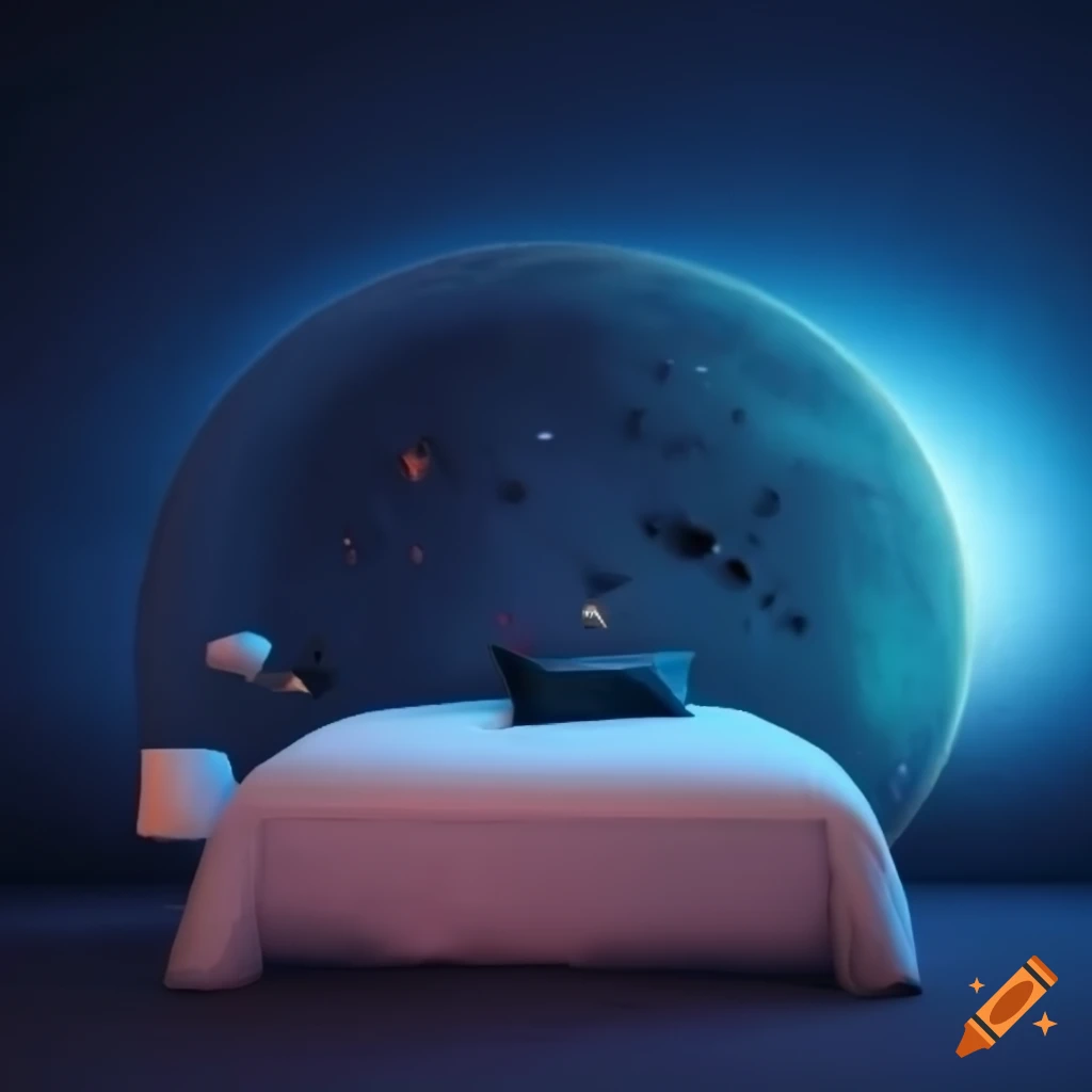 3D isometric style bed in space on Craiyon
