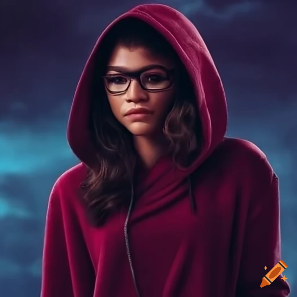 Zendaya in a hoodie portraying a nerd in a horror movie