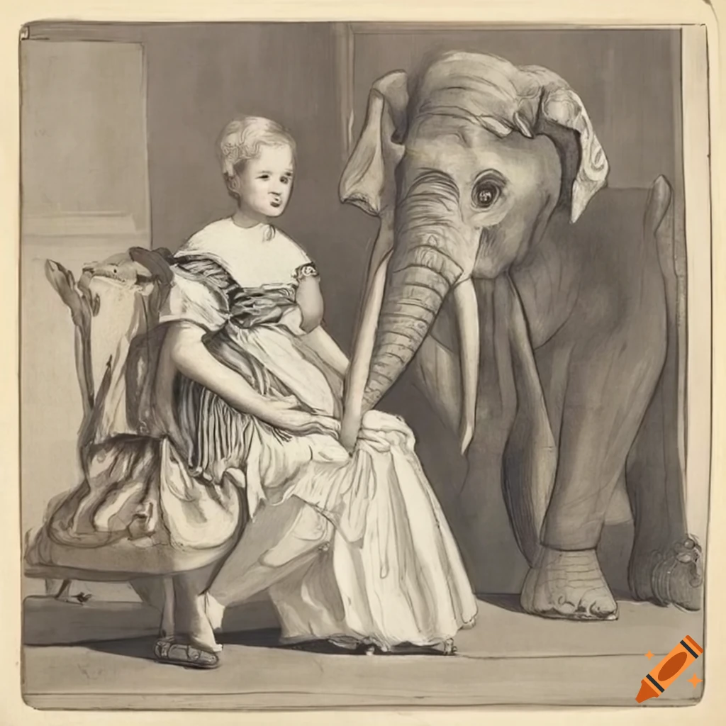 Birgitte Hjort Sørensen in renaissance dress with child and elephant