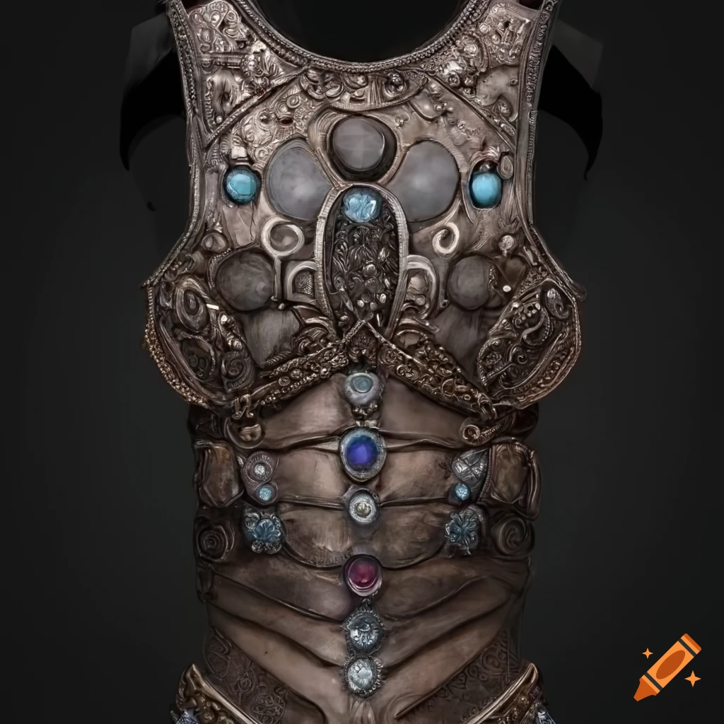 Detailed dark metal breastplate with gemstones