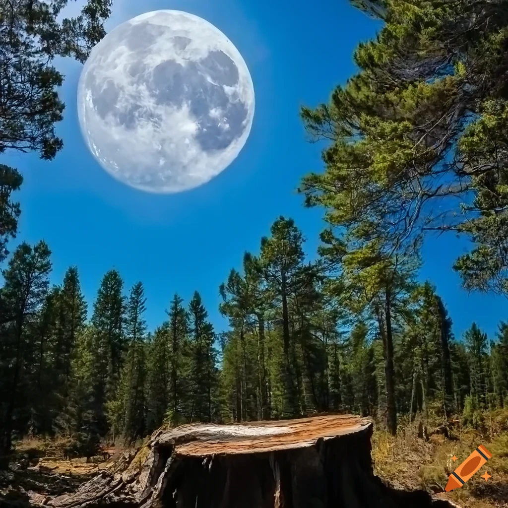 View of a distant big tree stump in a pine forest on Craiyon