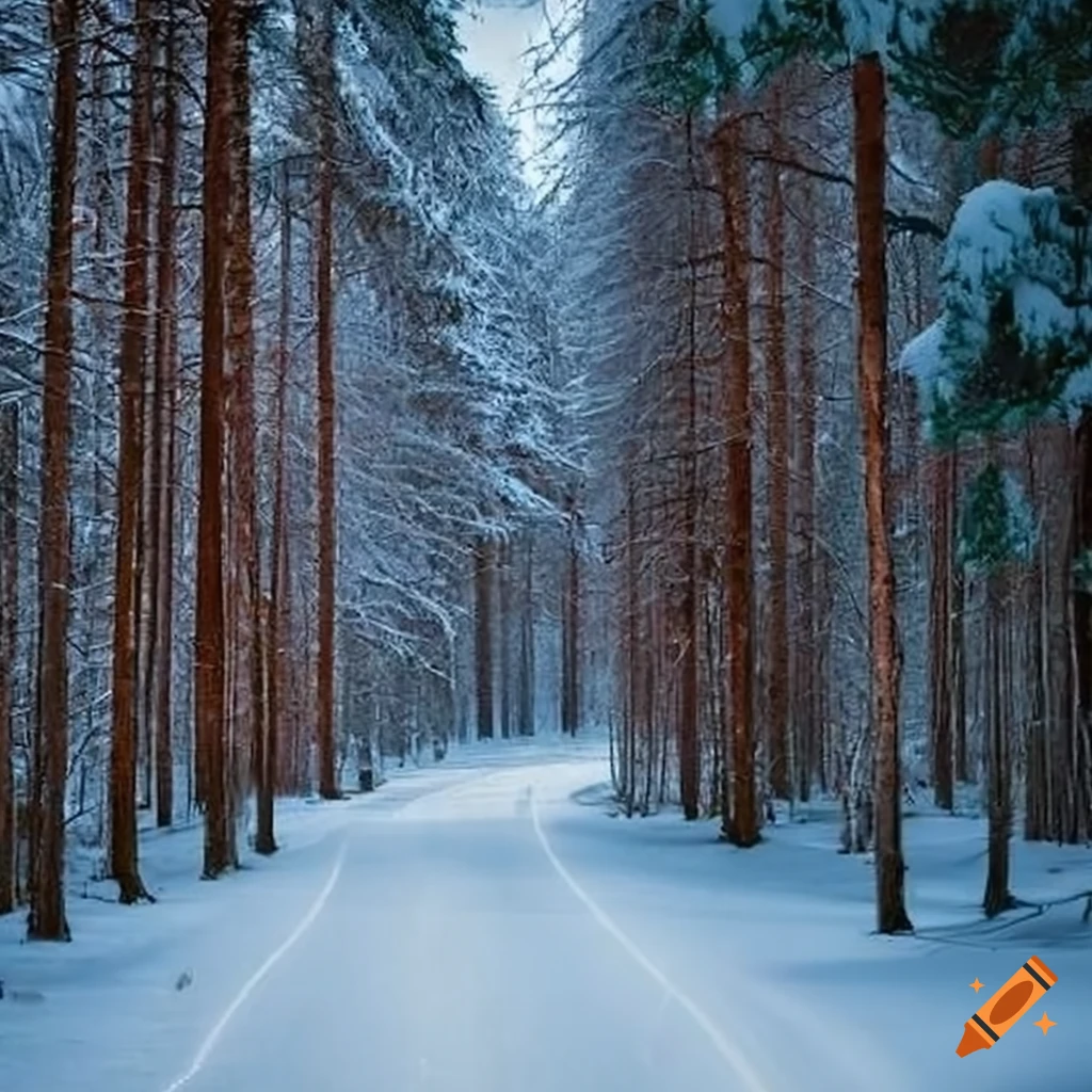 Front view of a snowy pine forest road on Craiyon