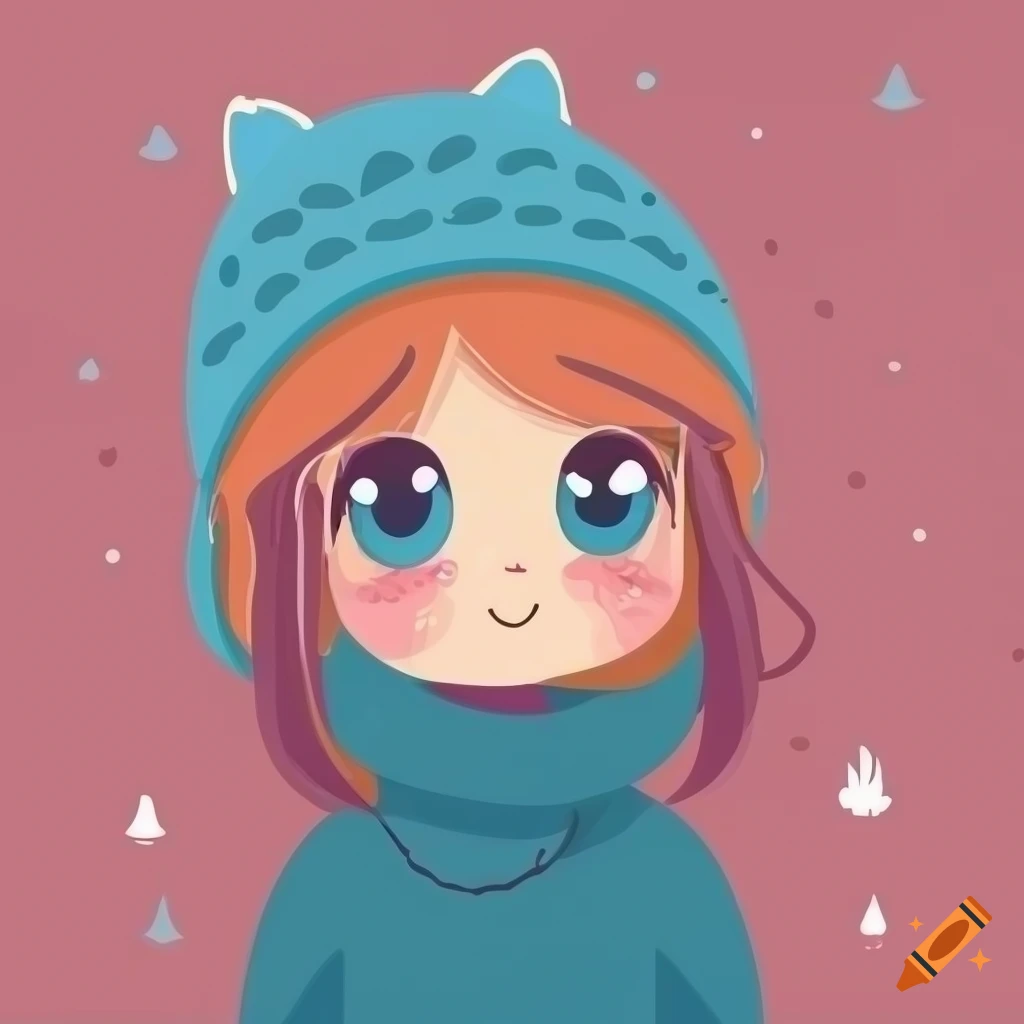 winter-themed kawaii girl and cat in a forest