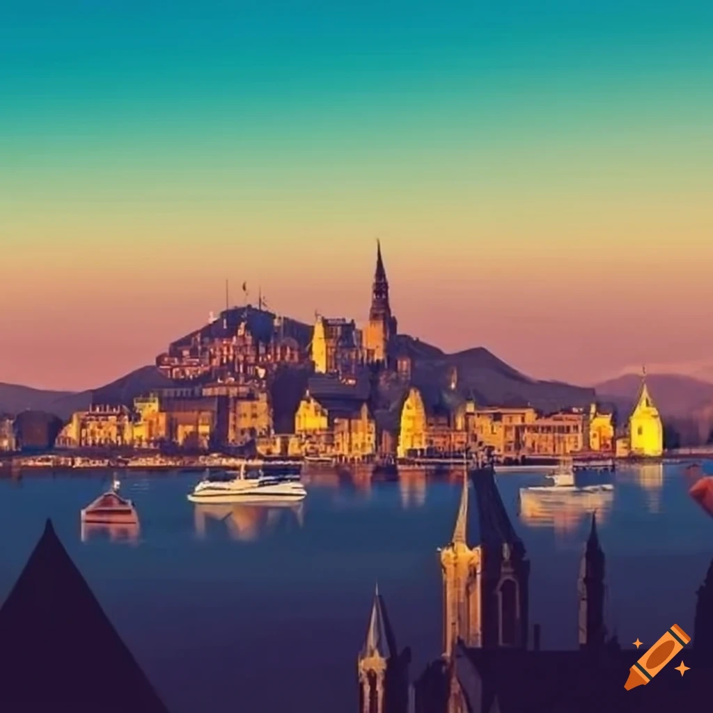 Cityscape with golden roofs and gothic buildings