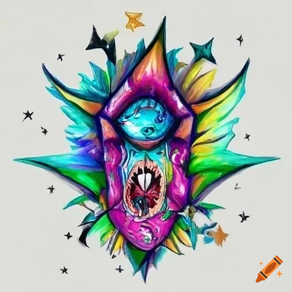 A trippy tattoo design of a tribal dragon with bells on its tongues.  Psychedelic colors | Ratta Tattoo