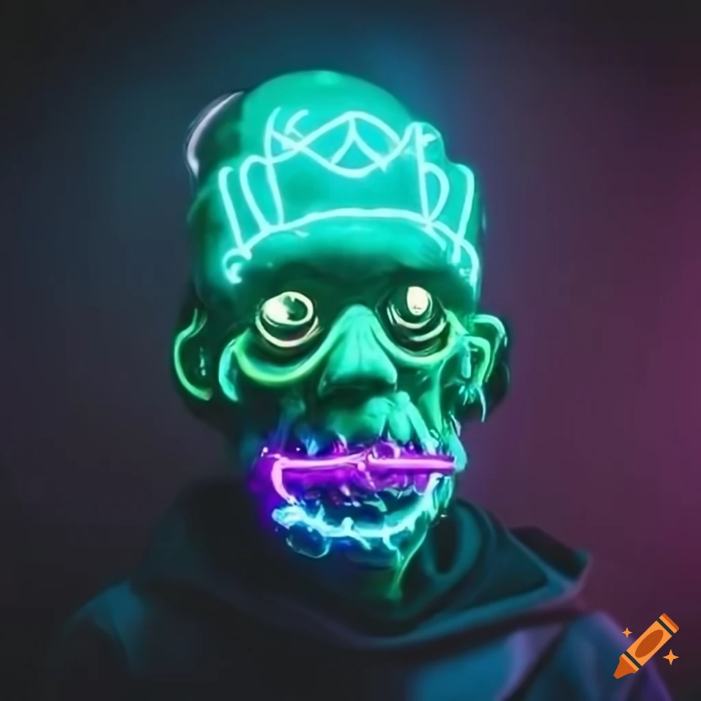Neon lights reflecting on a frankenstein squid mask
