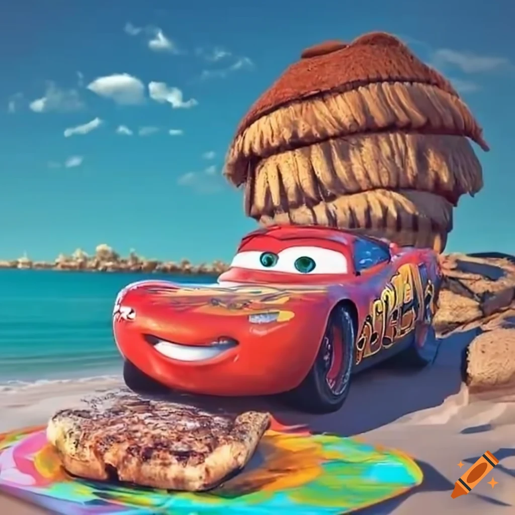 Lightning mcqueen enjoying a beach bbq on Craiyon