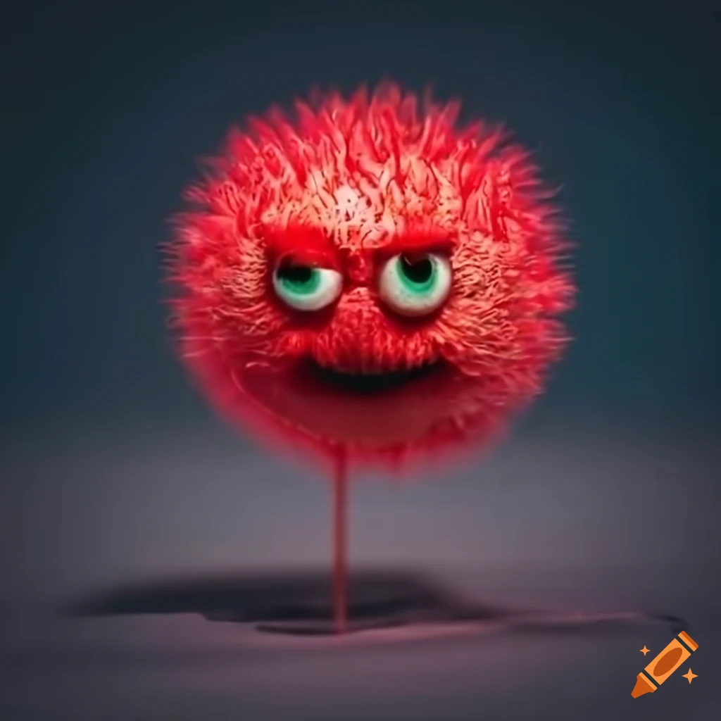Character illustration of a red fuzz ball with an intense expression on