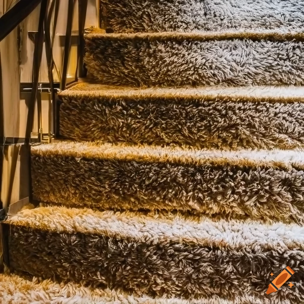 cozy teddy fur-covered stairs with warm golden lighting