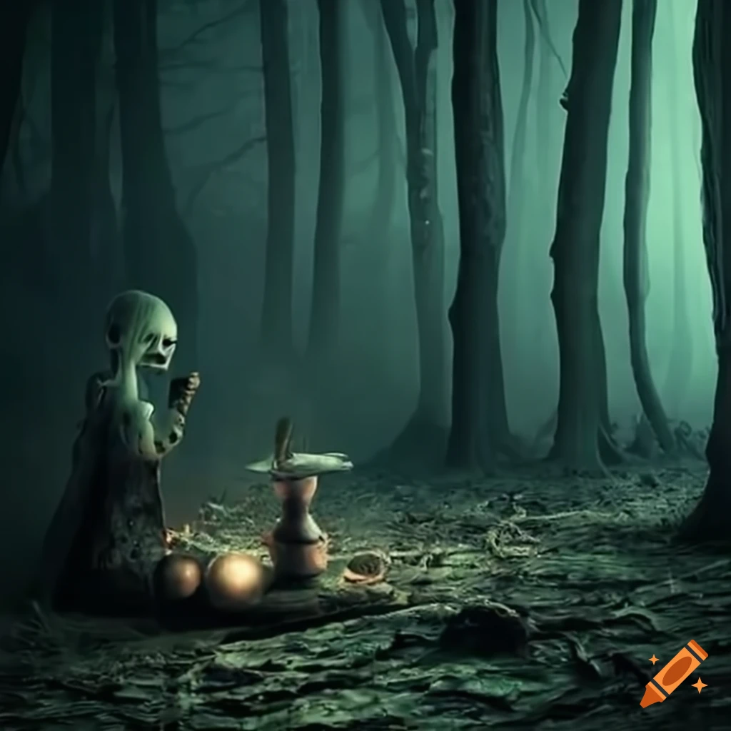 haunted kitchenware in a dark forest
