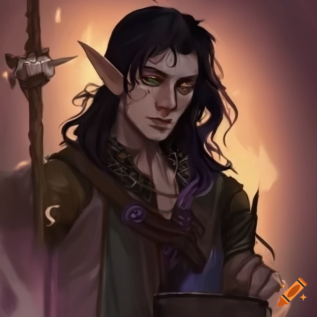 illustration of a male half-elf bard playing a drum