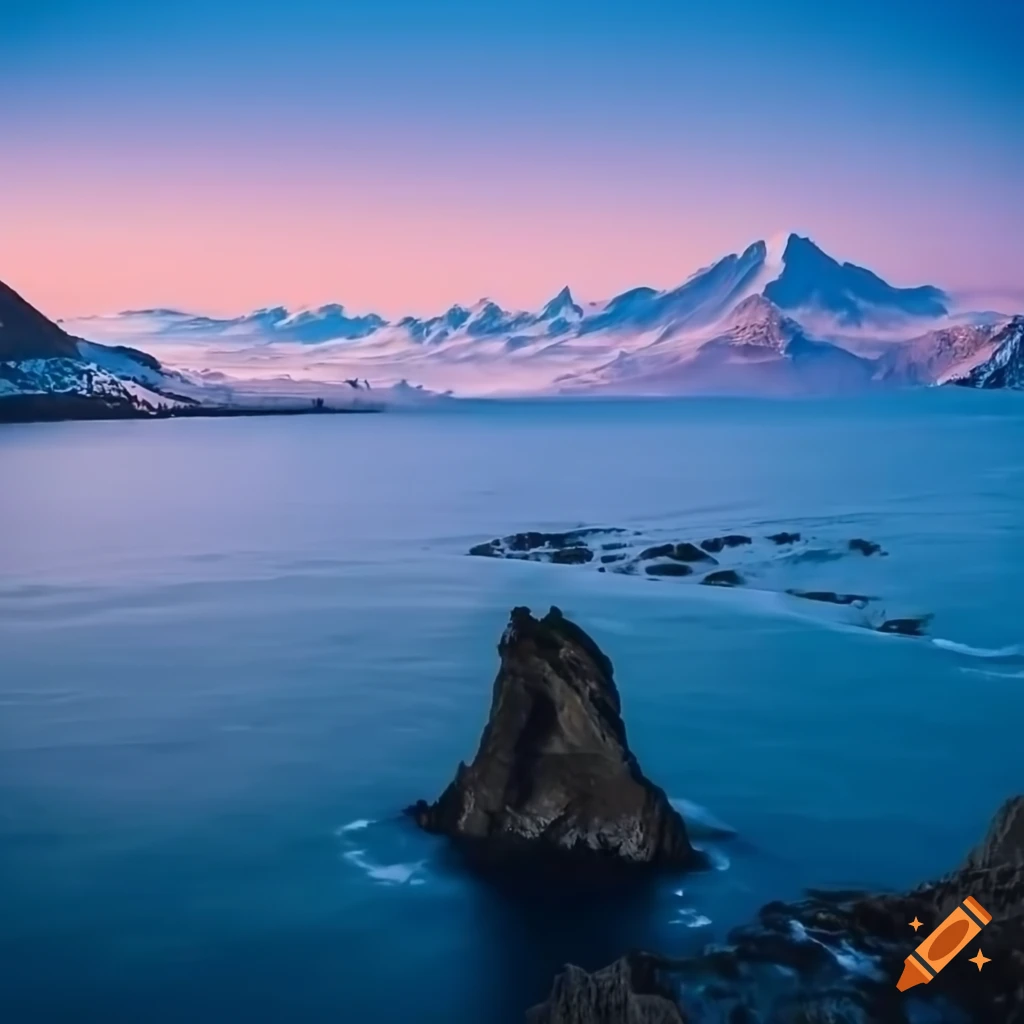 twilight coastal landscape with snowy mountain peak