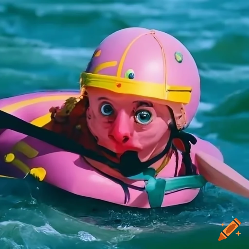 Humorous illustration of mr blobby whitewater rafting on Craiyon