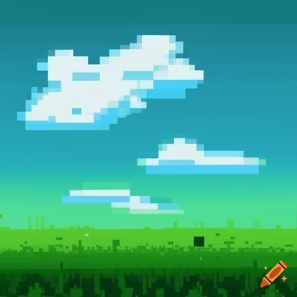 pixel art of cloudy sky and green grass