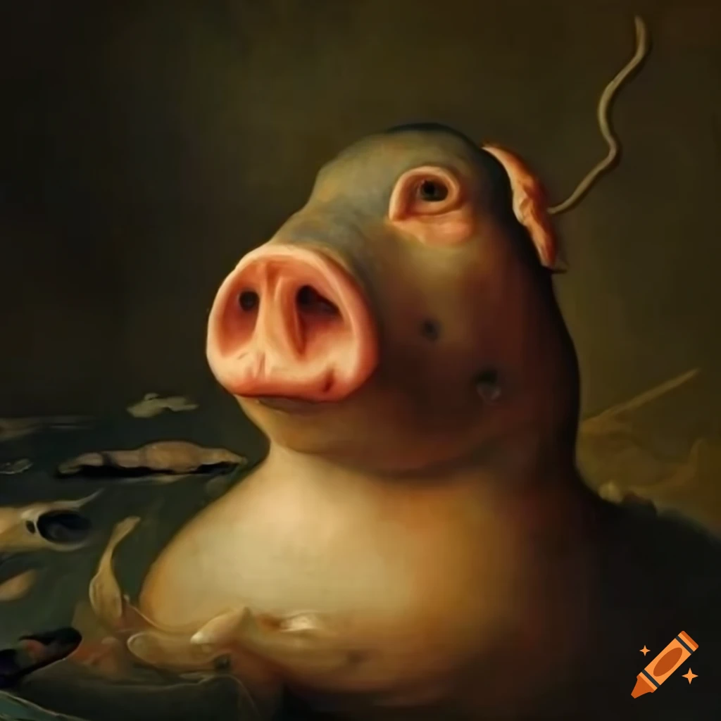 schwein mit einen fischkopf painting in Jan van Eyck style