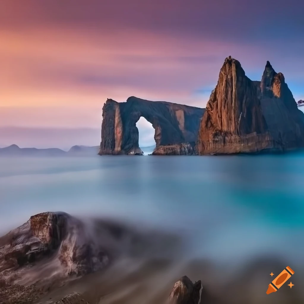 geological arch on a coastal cliff with mountains in the background