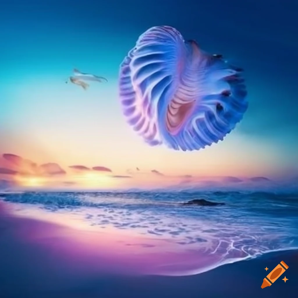 surreal beach with crazy seashells, waves, and fantastic clouds