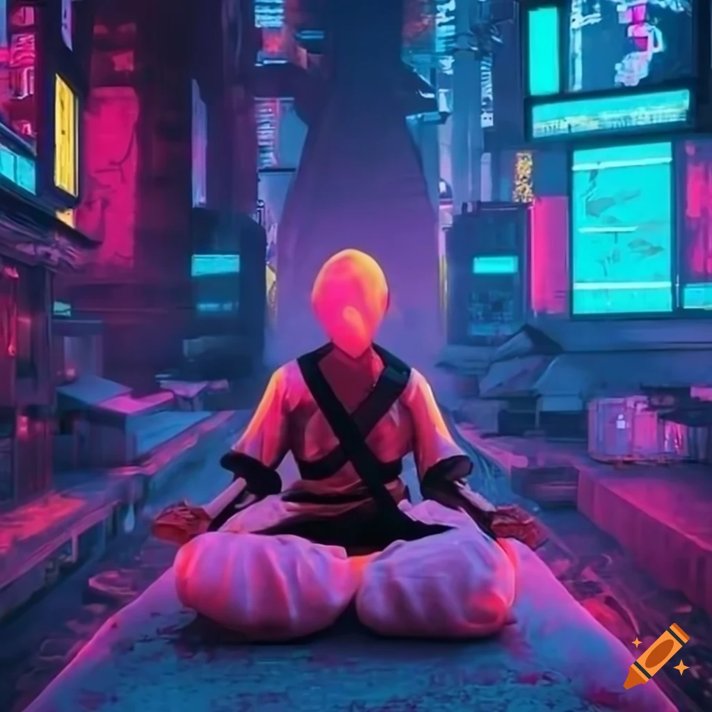 neon-lit futuristic sanctuary with a meditating cyberpunk monk