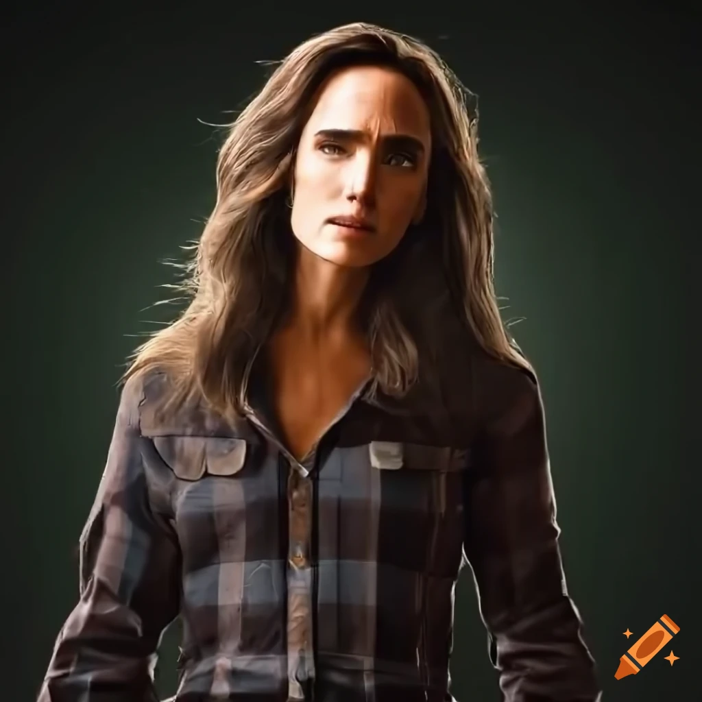 Jennifer Connelly look-alike in plaid shirt and leather pants