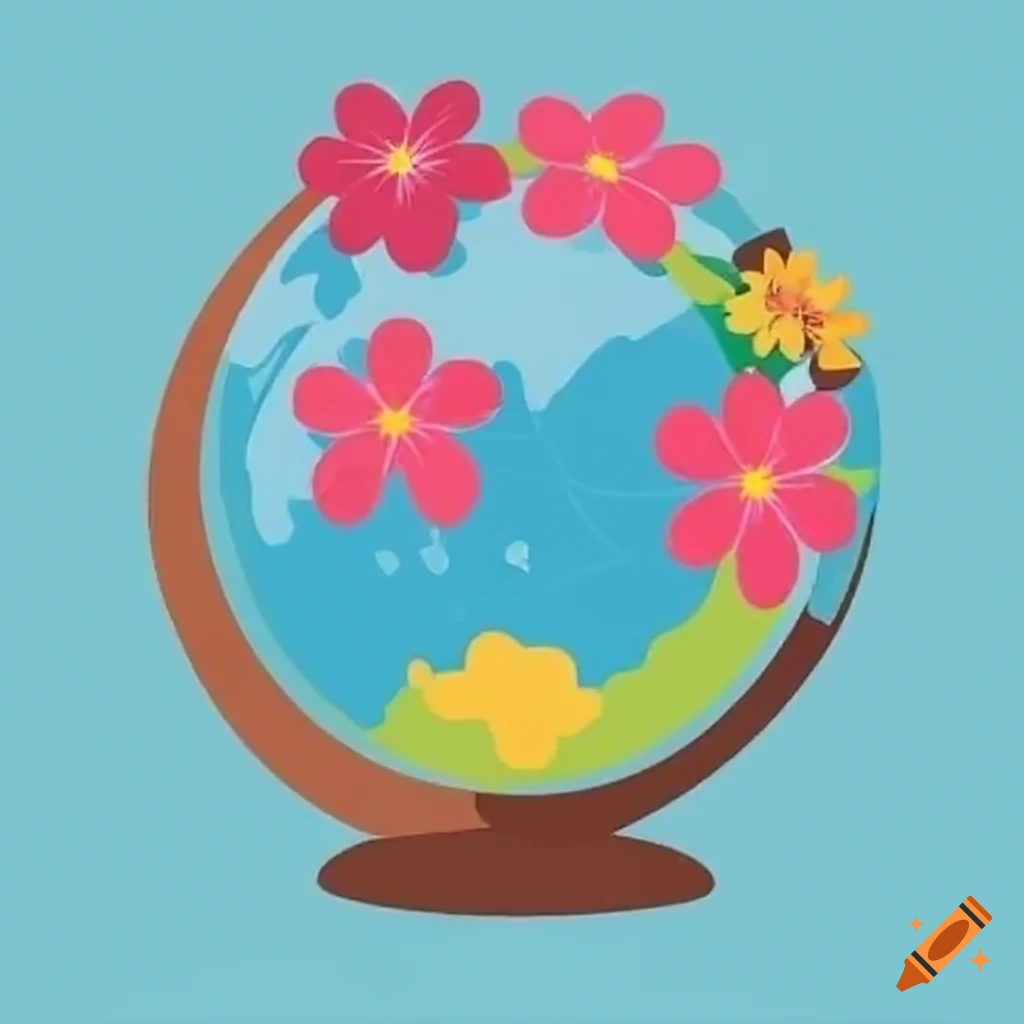 cartoon flowers dancing around a globe