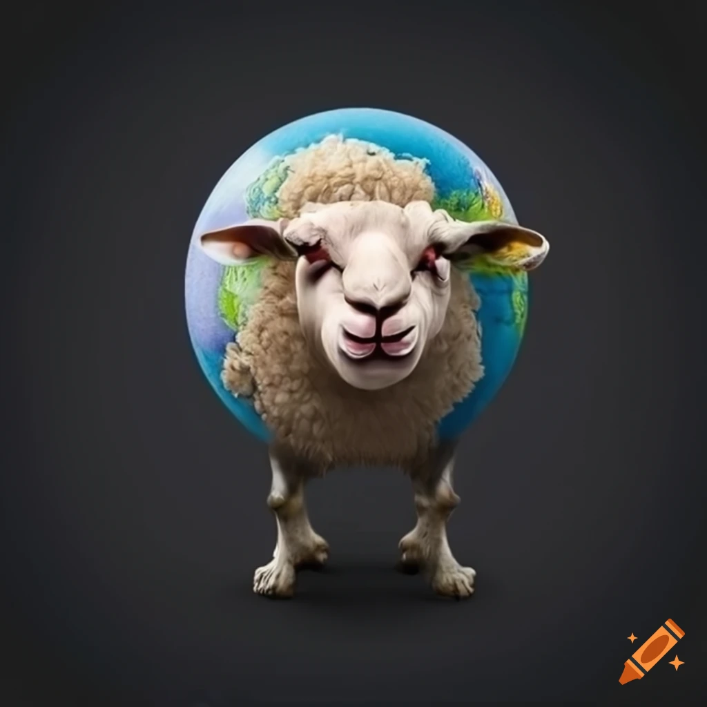 realistic art of an angry sheep holding a globe