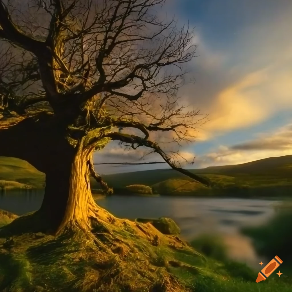 picture of an ancient tree by a steep river bank