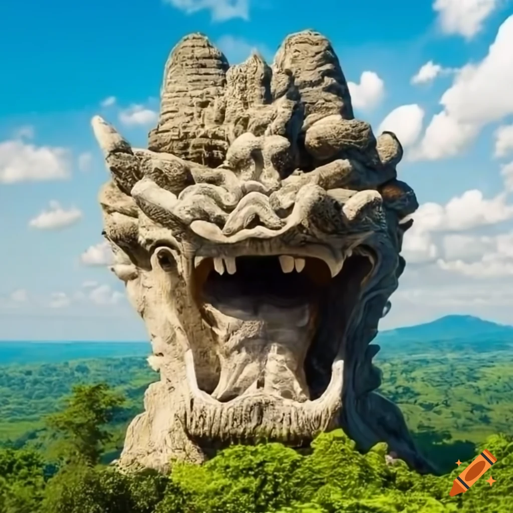 stone dragon head in the sunny jungle