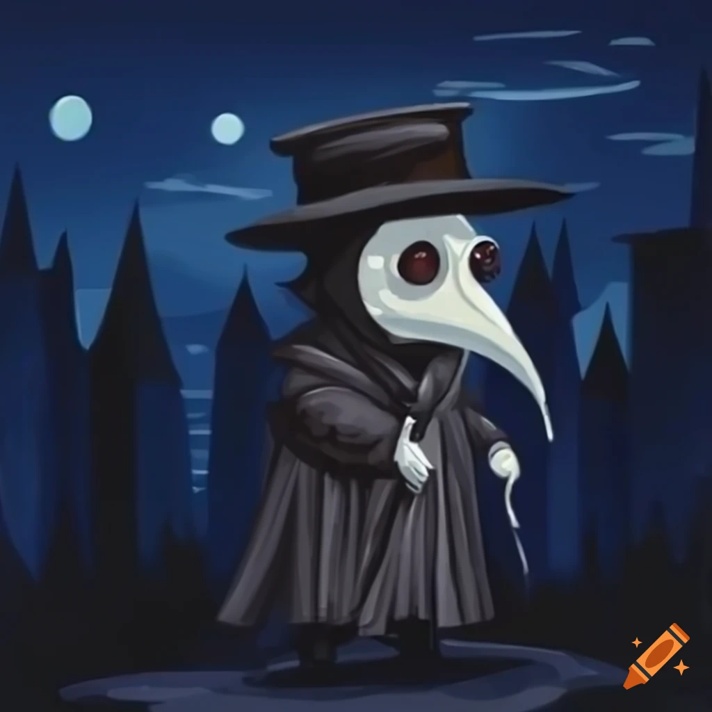 artistic depiction of a cute plague doctor in a night forest